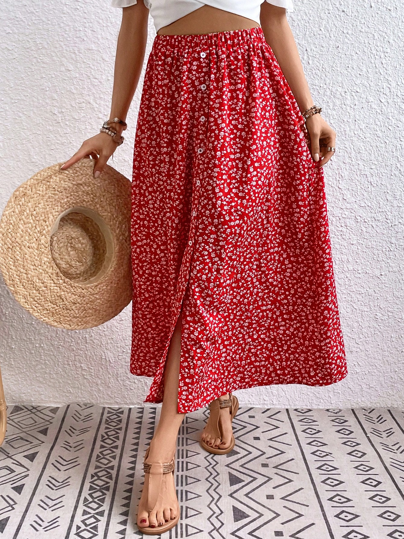 Ditsy Floral Print Button Front Skirt