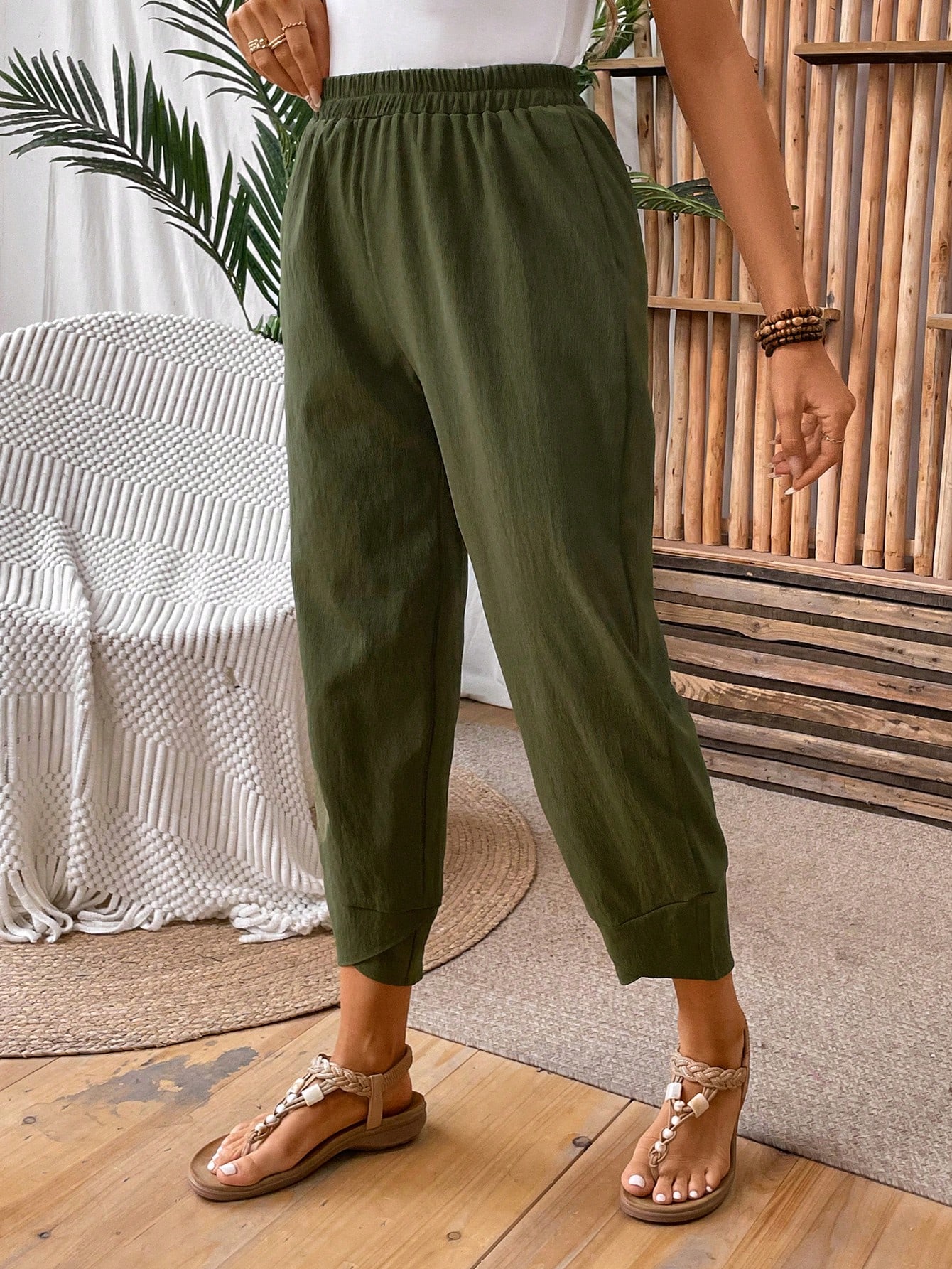 Solid Color Textured Trousers