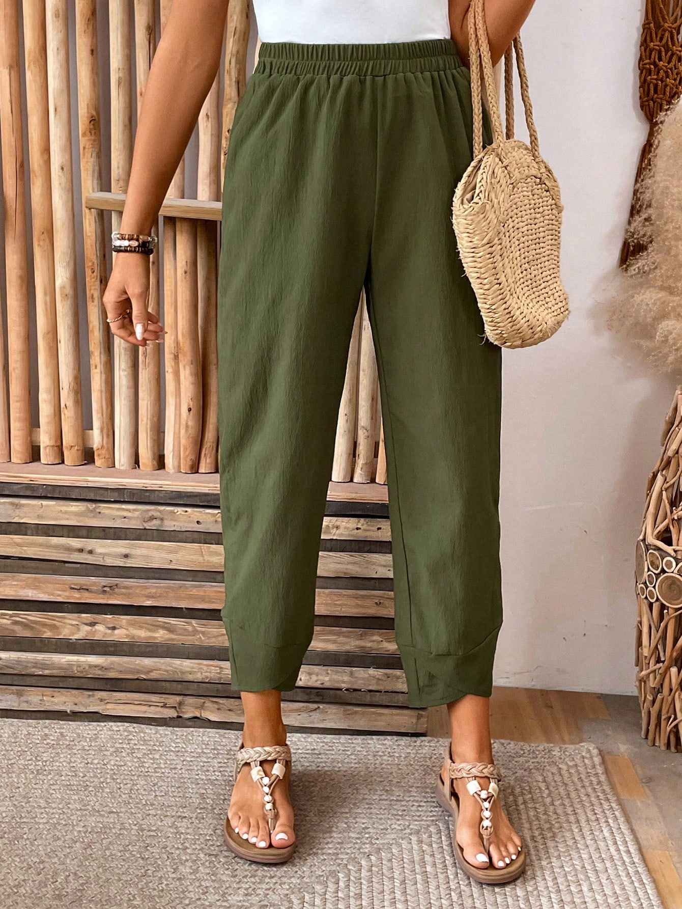 Solid Color Textured Trousers