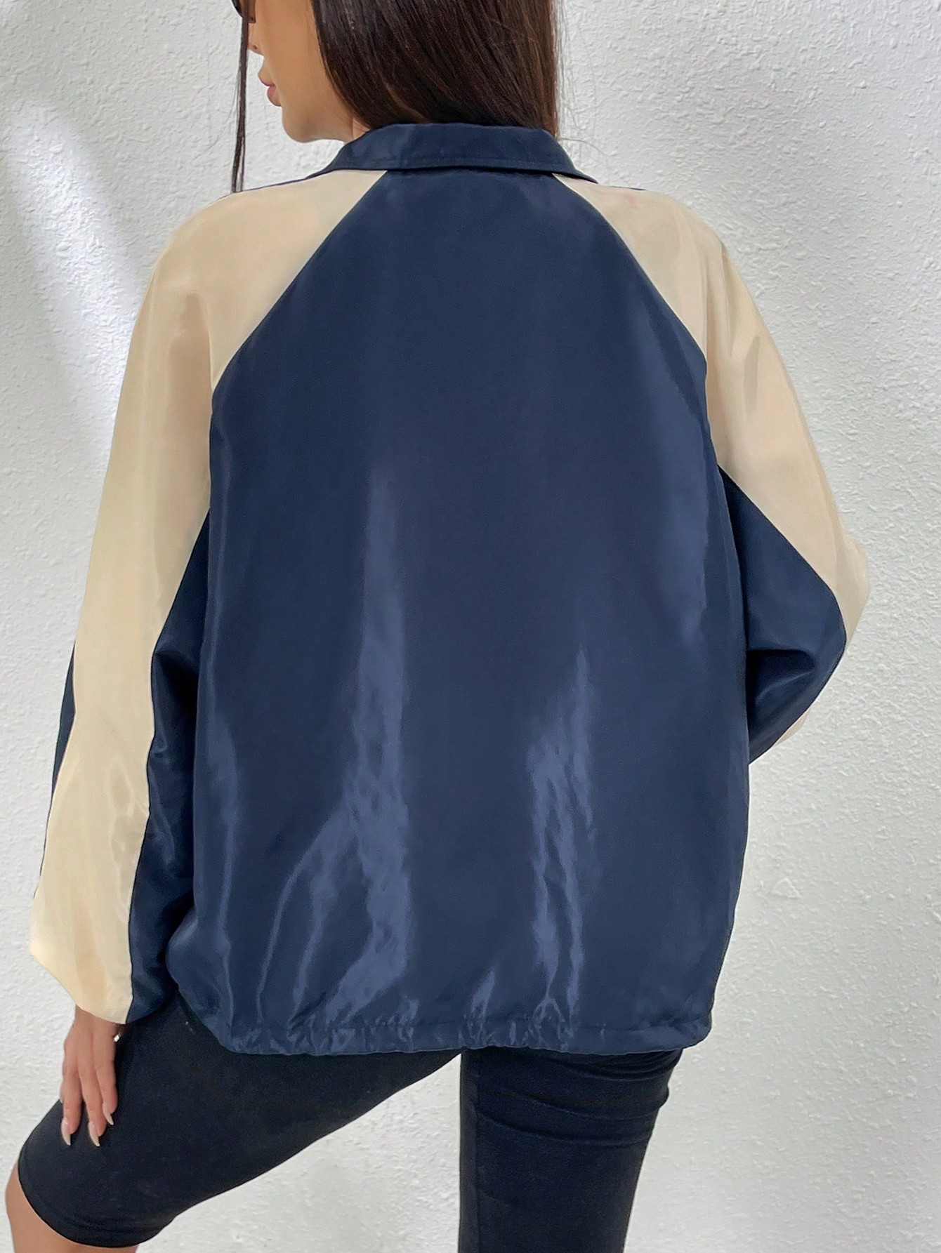 Spring Colorblock Raglan Sleeve Drawstring Hem Zip Up Windbreaker Jacket