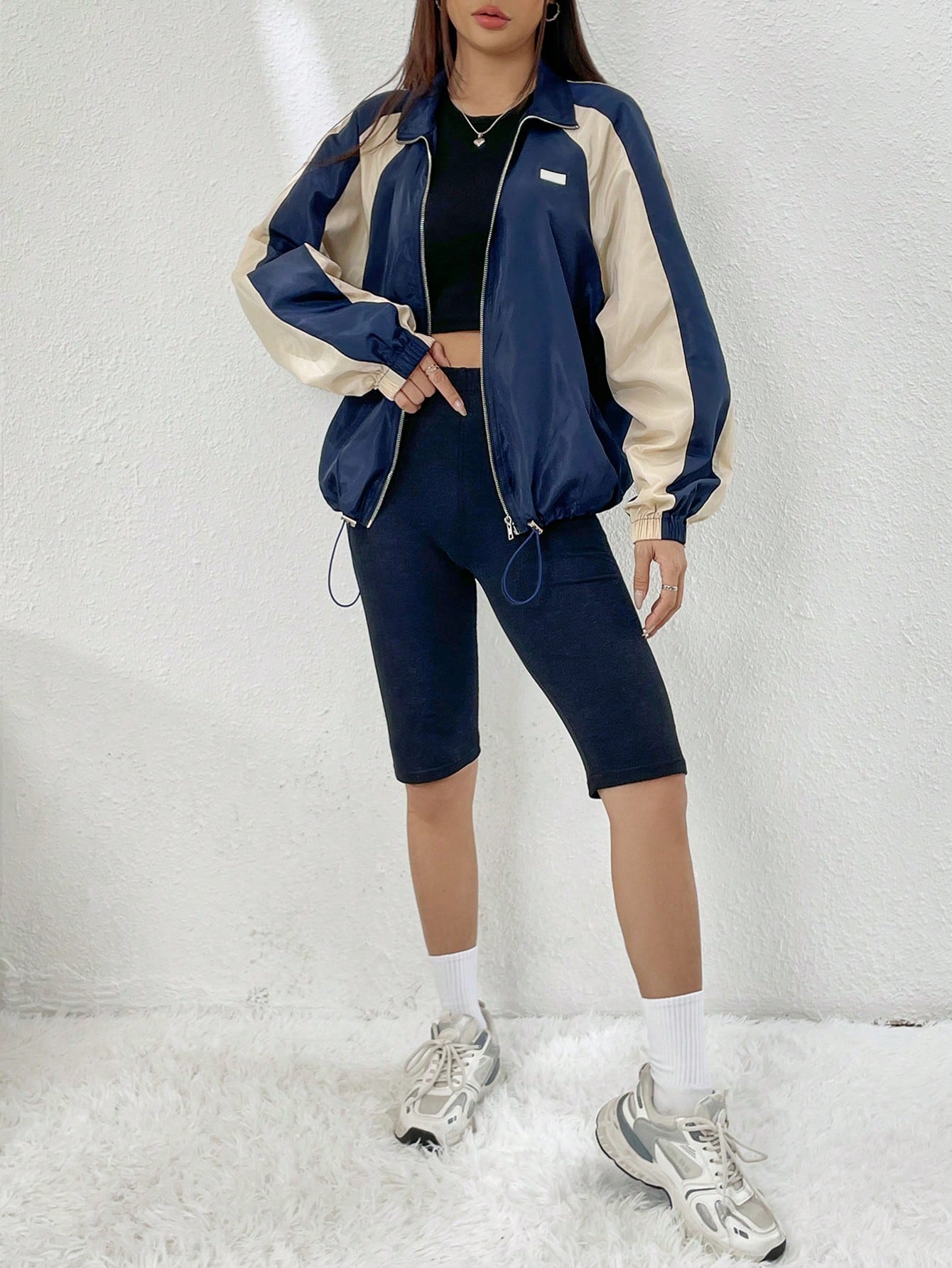 Spring Colorblock Raglan Sleeve Drawstring Hem Zip Up Windbreaker Jacket