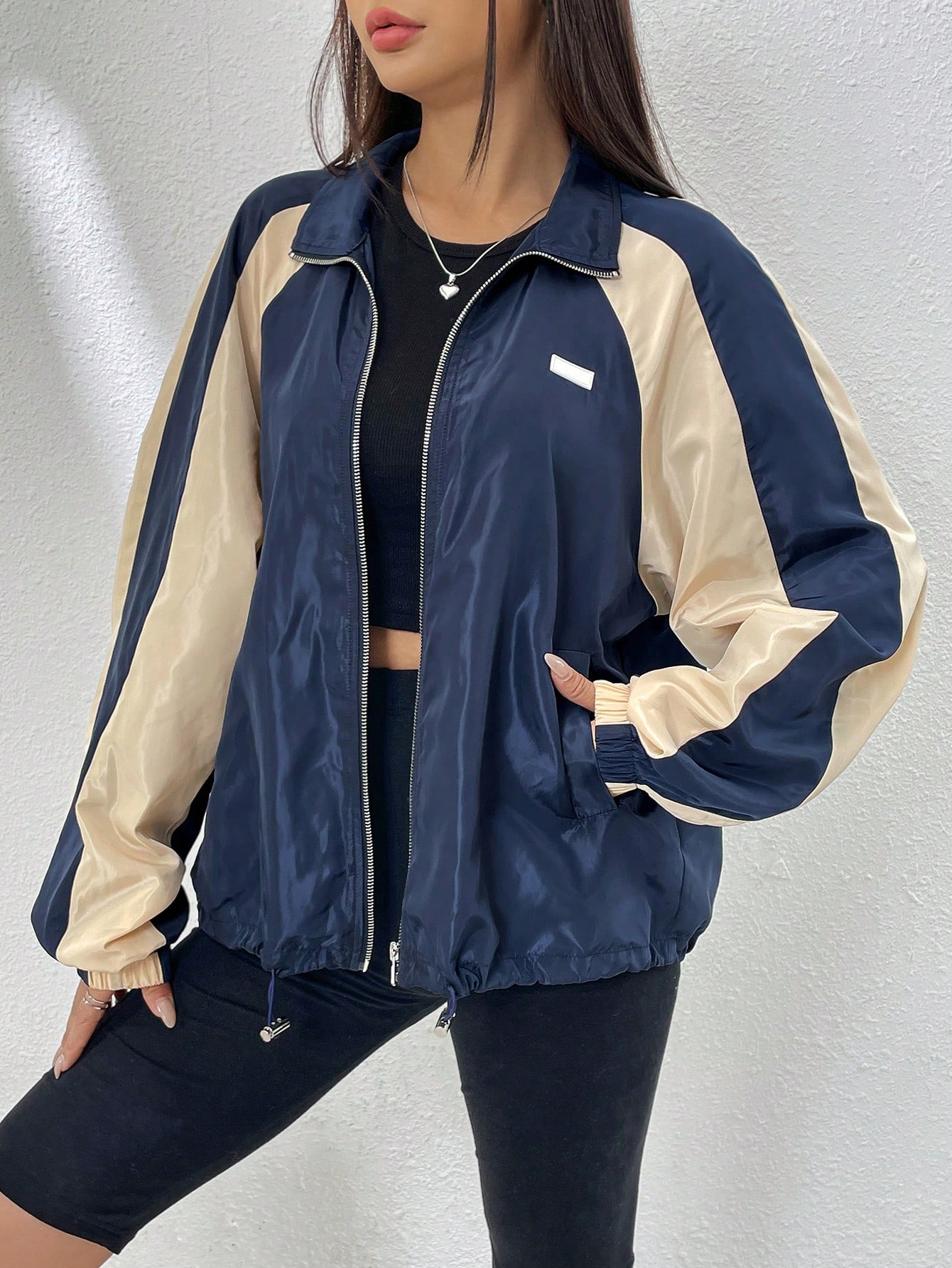 Spring Colorblock Raglan Sleeve Drawstring Hem Zip Up Windbreaker Jacket