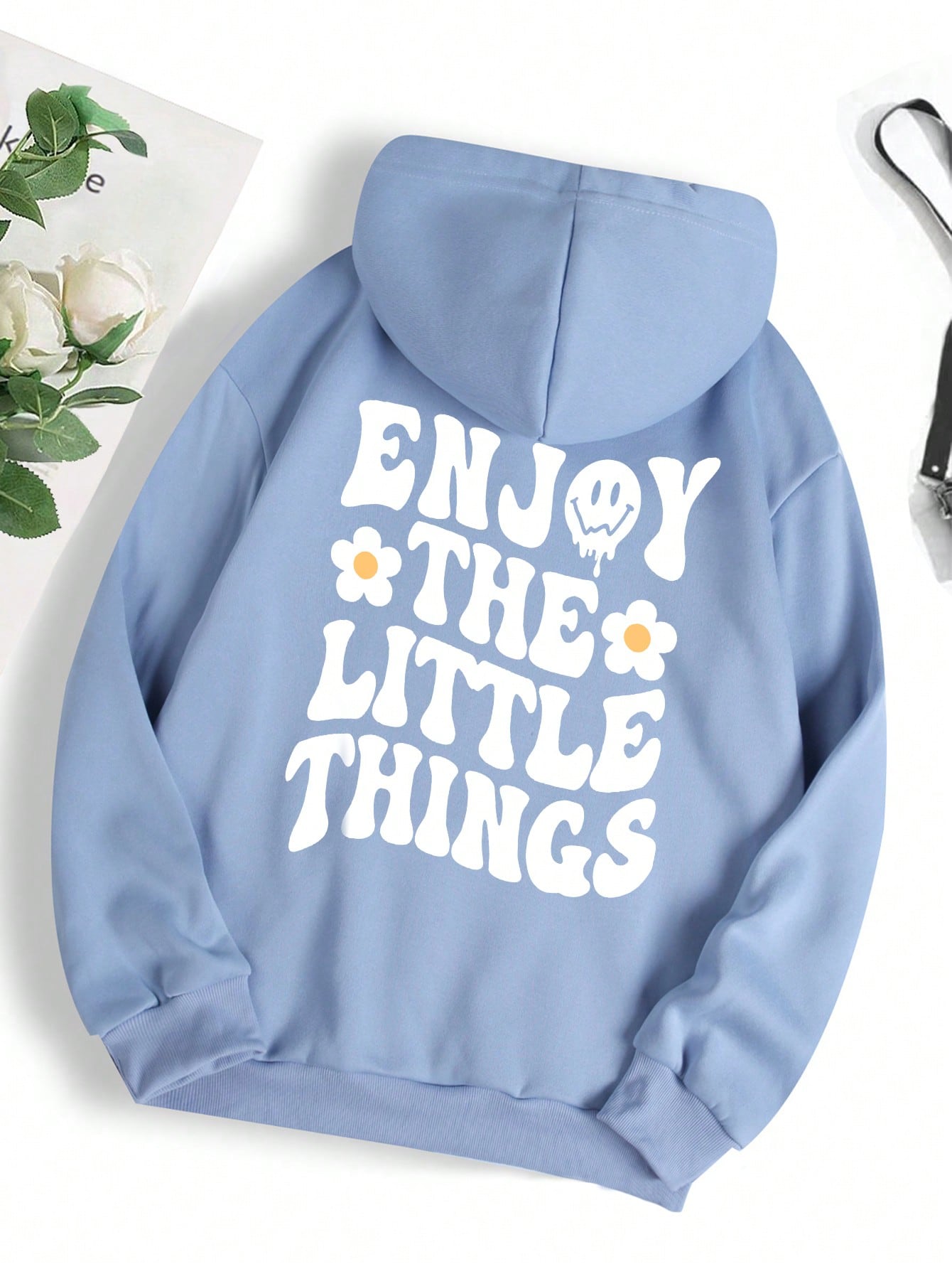 Slogan & Floral Print Kangaroo Pocket Drawstring Thermal Lined Hoodie