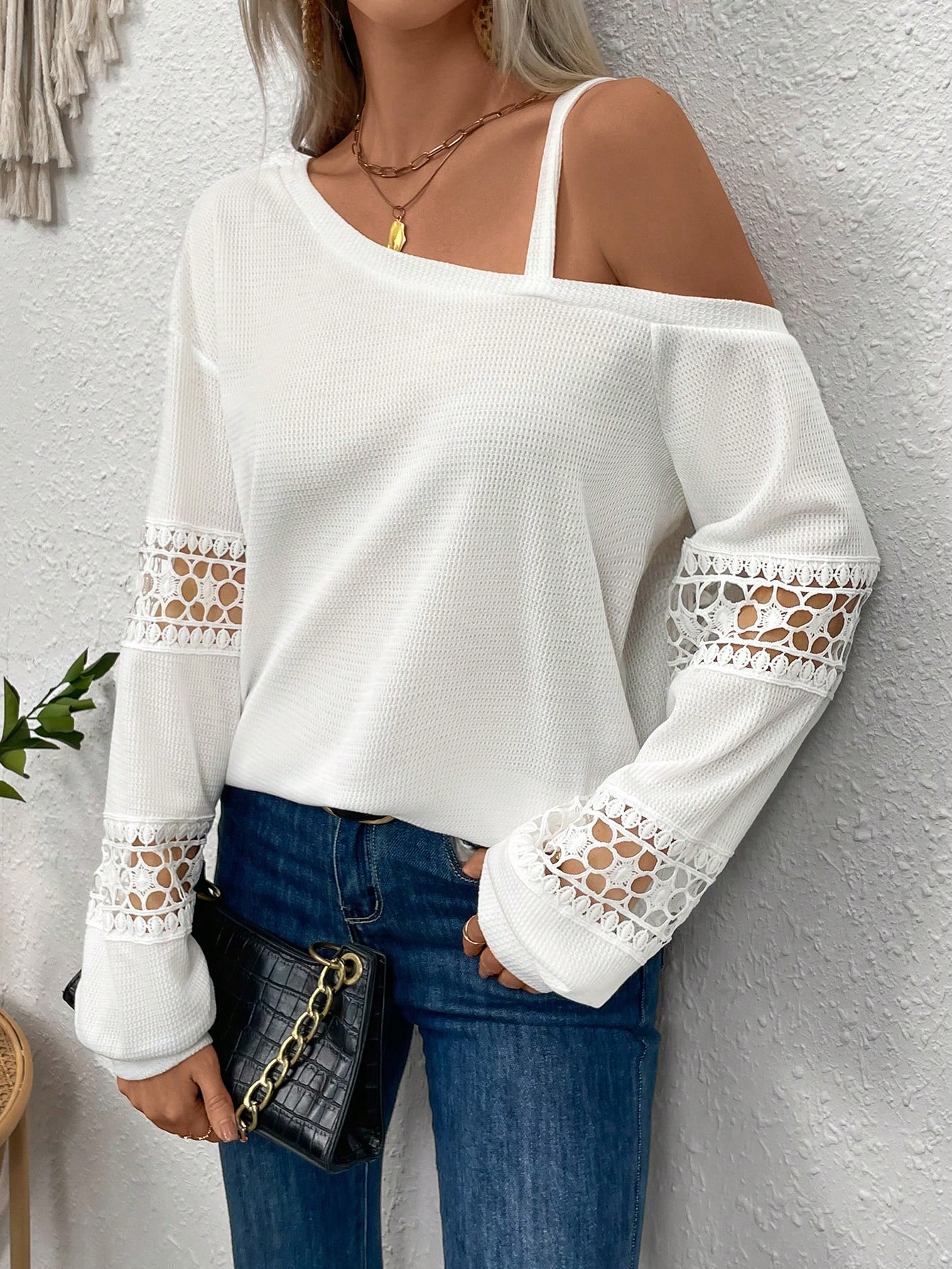 Solid Color Asymmetric Collar Lace Splice Sweatshirt