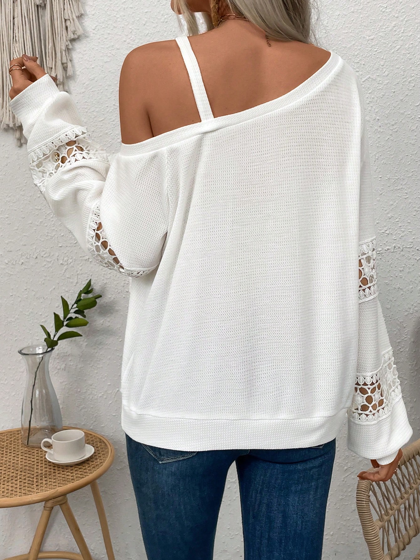 Solid Color Asymmetric Collar Lace Splice Sweatshirt