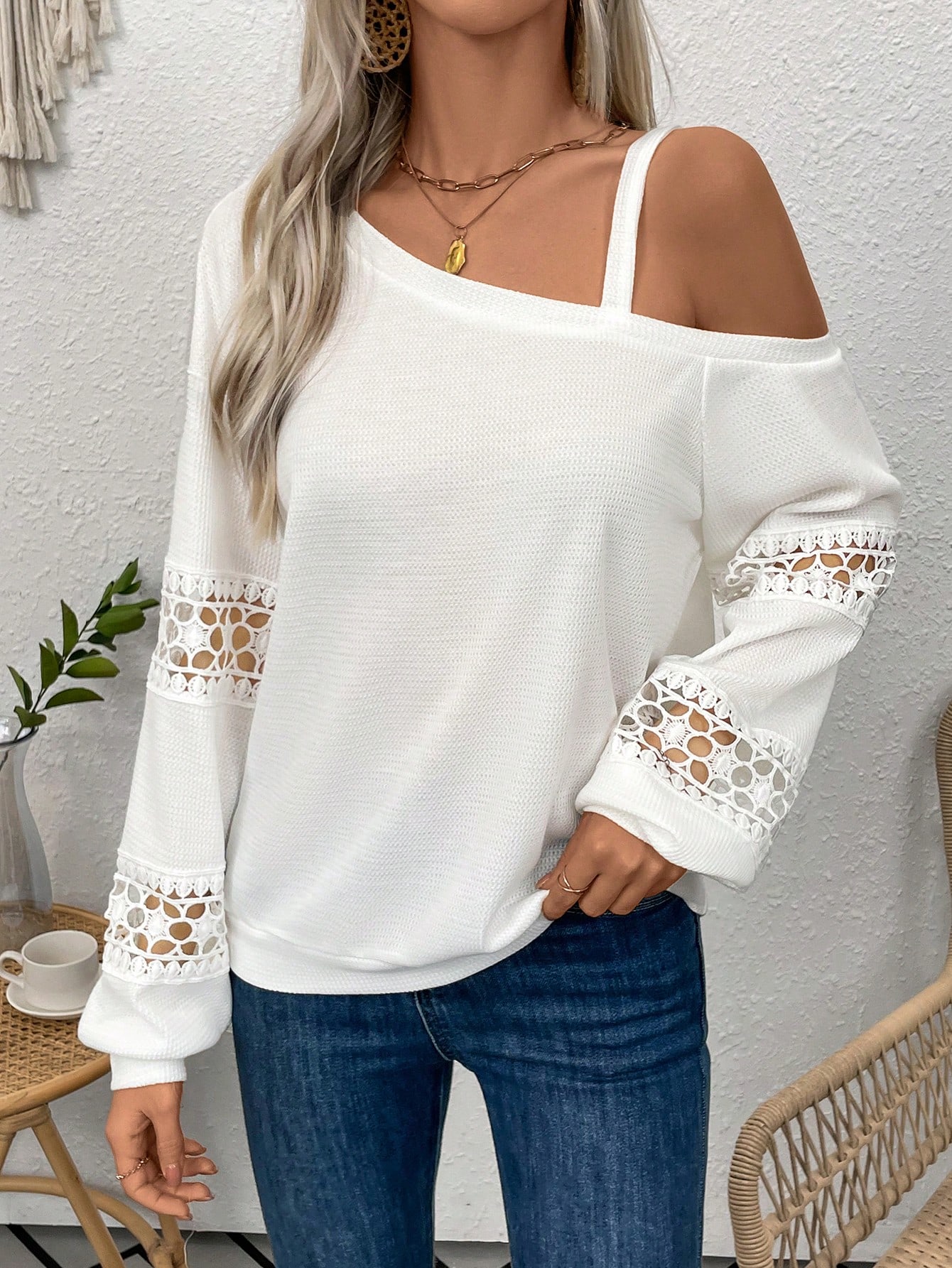 Solid Color Asymmetric Collar Lace Splice Sweatshirt