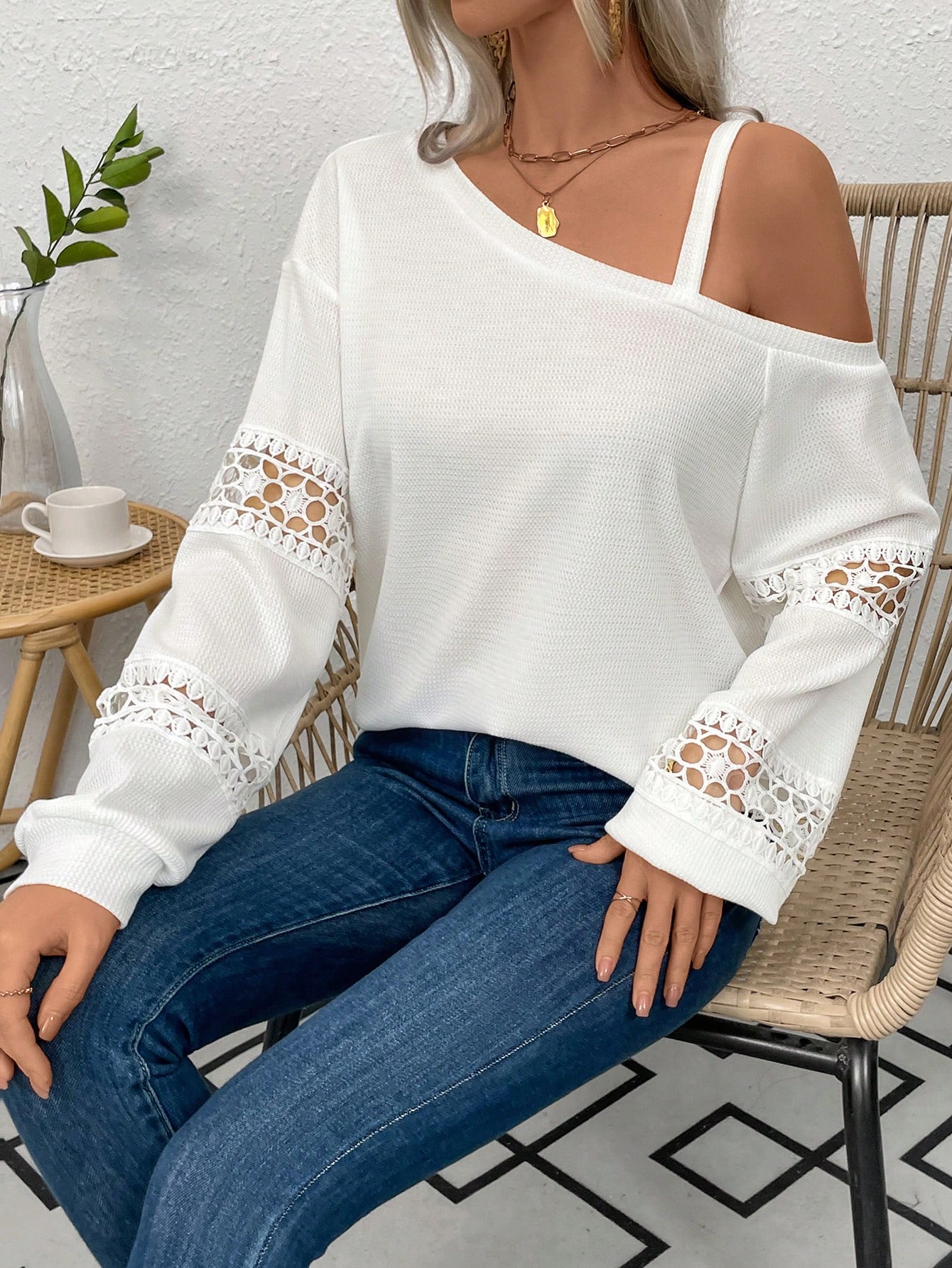 Solid Color Asymmetric Collar Lace Splice Sweatshirt