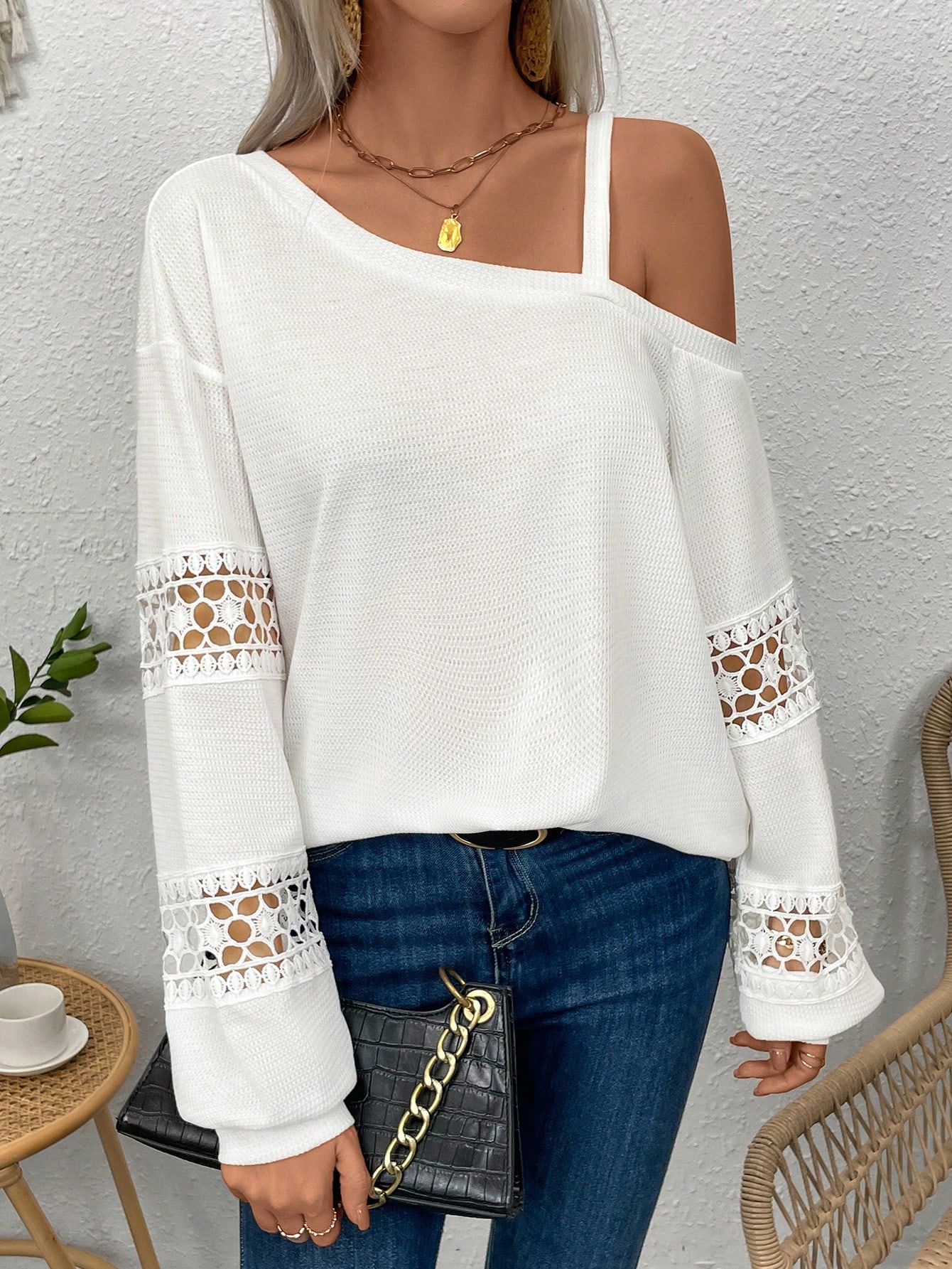 Solid Color Asymmetric Collar Lace Splice Sweatshirt