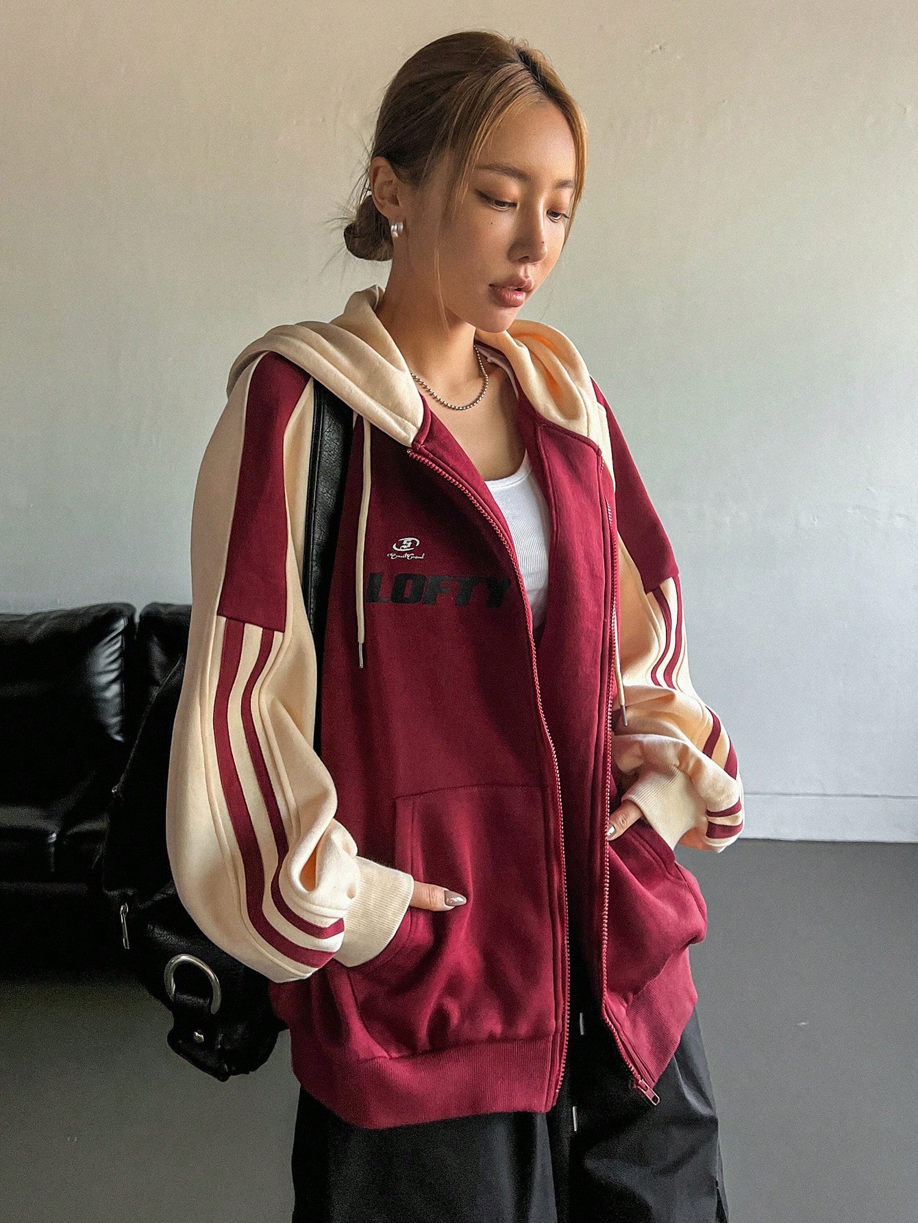 Star Letter Graphic Raglan Sleeve Zip Up Drawstring Hoodie