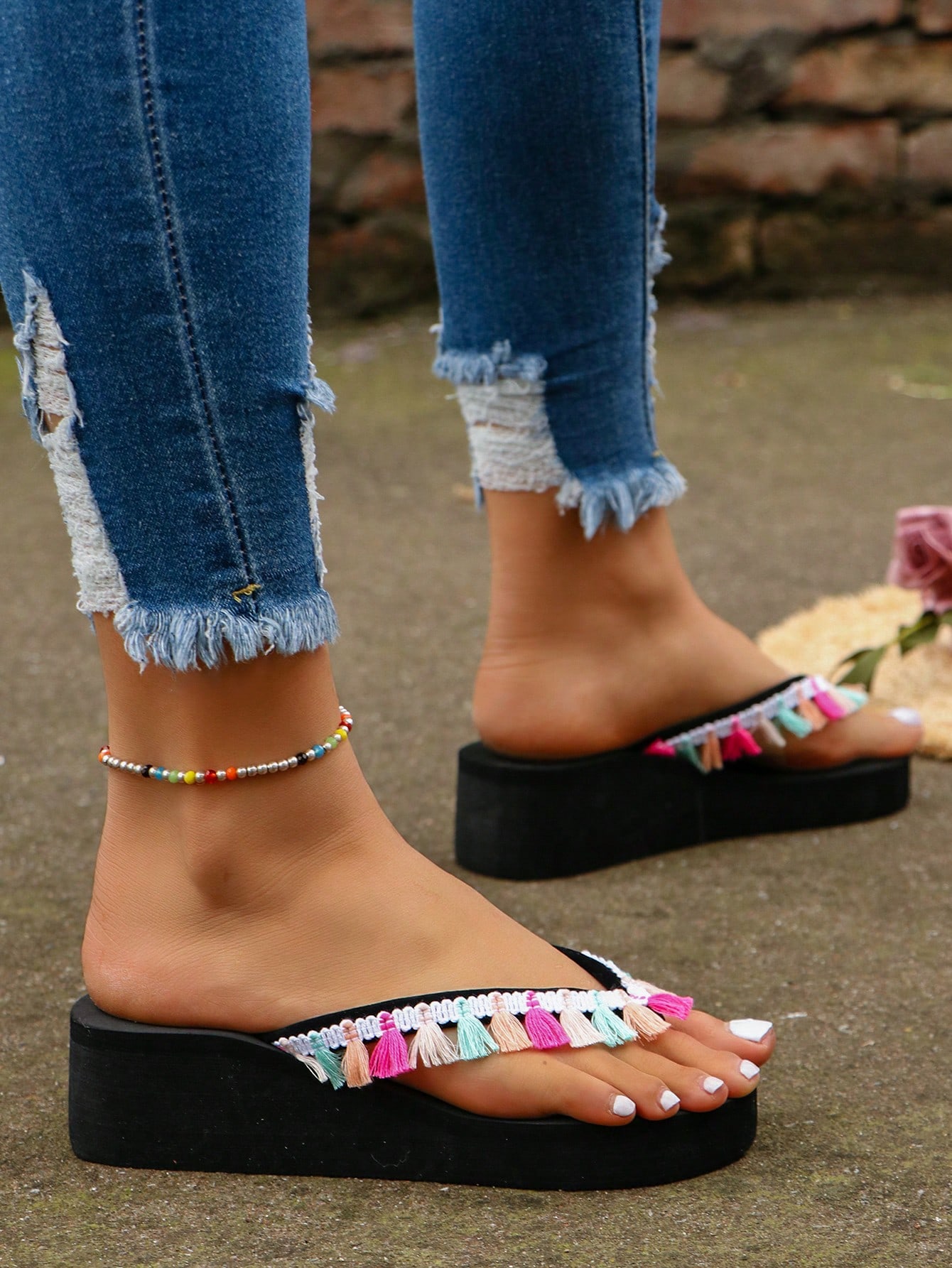 Women's Bohemia Style Slip-On Sandals With Tassels, Lightweight Platform Wedges Slides.