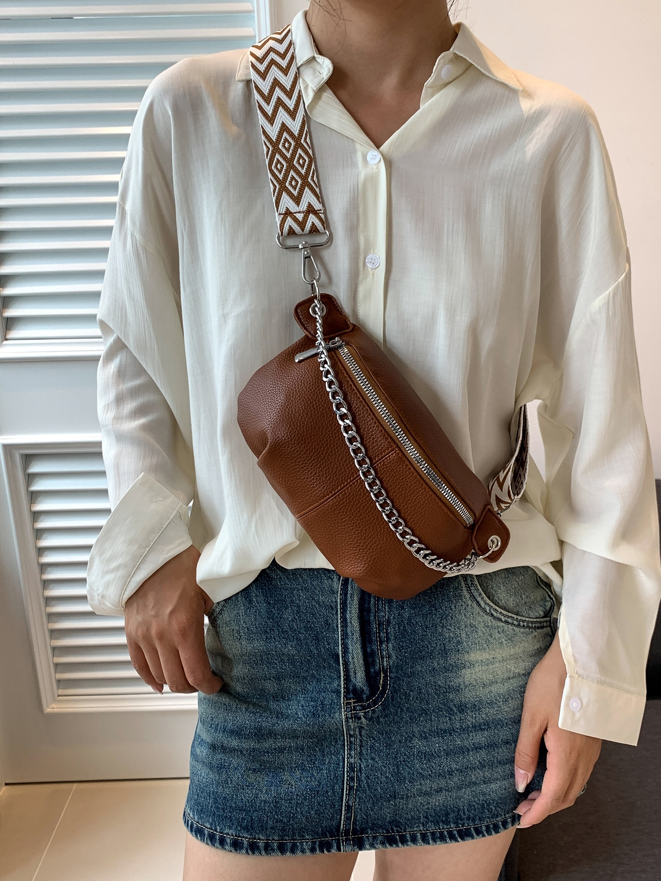 Multi-function Waist Bag, Chest Bag, Single Shoulder & Crossbody Bag With Chain Decoration Retro Solid Color Sling Bag Casual Si