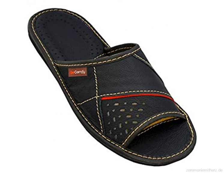 BeComfy Genuine Mens Hausschuhe Herren Brown Black - Leather Slippers Slip-on Shoes Echt Leder Schwarz Grau Braun XC64