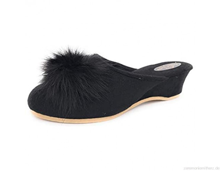 Damen Pantolette schwarz mit Pelzpompon Hausschuhe Trunte Schuhe