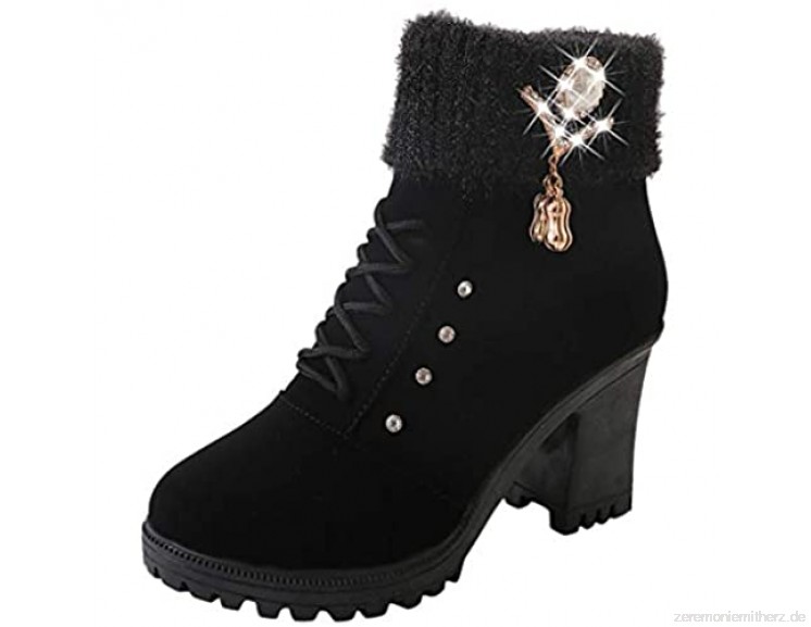 Stiefel Damen Trichterabsatz Reißverschluss Kurzschaft Stiefeletten mit Perlen Glitzersteine und Schnürsenkel Warme Schuhe Einfa