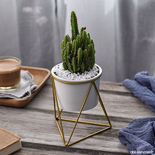 géométrique fer Rack support support en métal doré avec Blanc en céramique Pot de fleurs d'intérieur Bureau Pot de jardin pour p