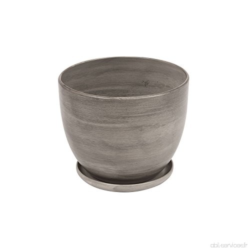 Pot de fleur ceramique Baril avec support soucoupe hauteur 13 cm diametre 16 cm gris - B0198F4C10